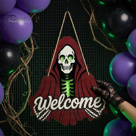Front Porch Decor Halloween Skeleton Welcome Sign, Spooky Wooden Grim Reaper Shaped Door Rustic Hanging Sign Hanger, Horror Wall Plaque for
