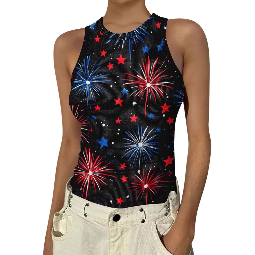 Women's Fashion Round Neck Independence Day Print Sleeveless Vest Top
