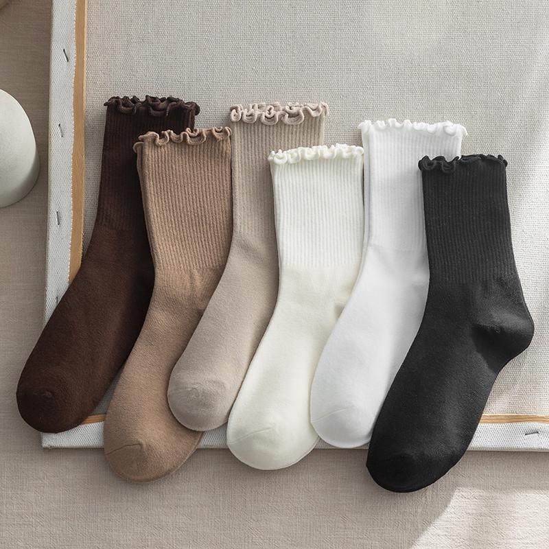 Women's Cute Japanese Style Ruffle Mid-Calf Lace Socks - Solid Color, Warm for Autumn & Winter