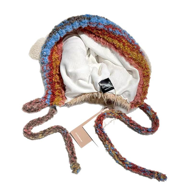 Simpatico Cappello di Peluche in Lana d'Agnello - Autunno/Inverno da Donna Caldo con Lacci Lavorato a Maglia Protezione Orecchie Versatile Pullover.
