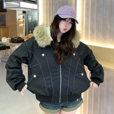 American Retro Fur Collar Hooded Parkas Trend Short Winter Jacket for Women Fashion Cotton Padded Outwear