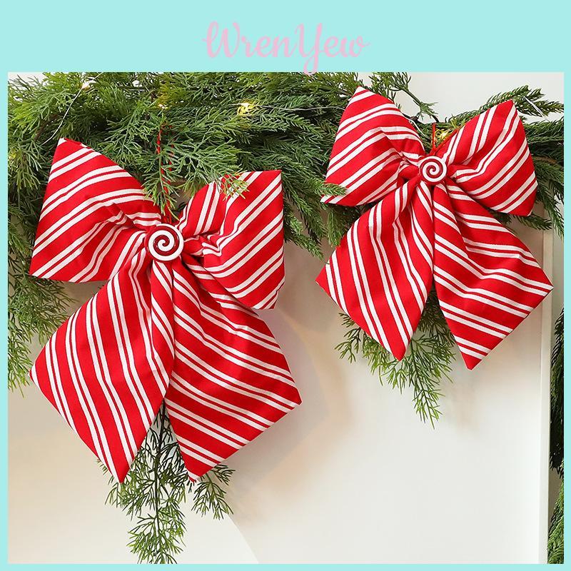 Red And White Diagonal Stripe Bow Pendant For Holiday Scene Decor