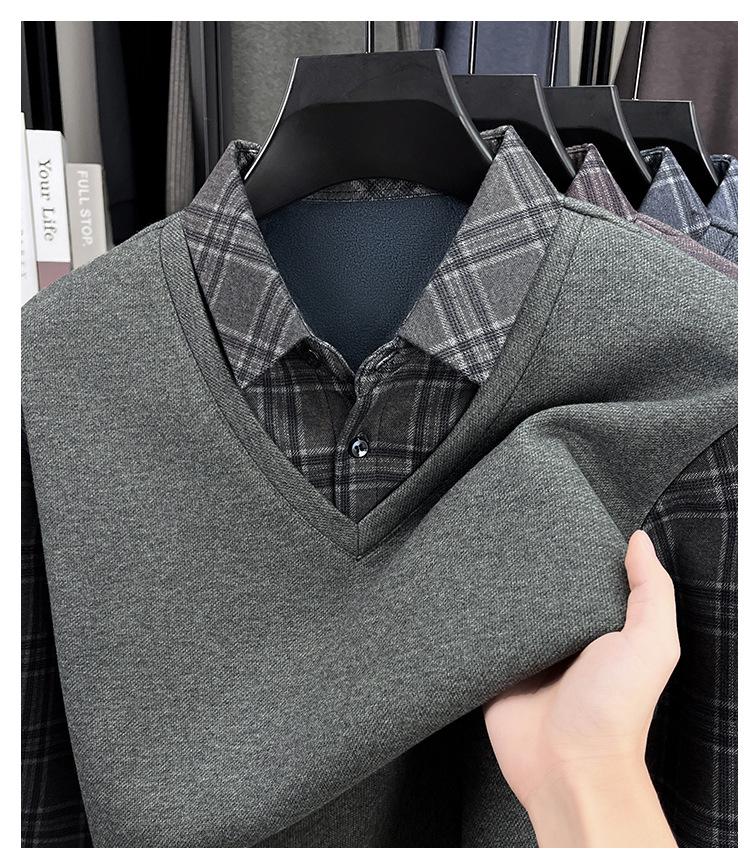 Men's Winter Knit Shirt with Velvet Thickened Layer and Collar