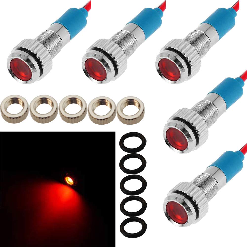 CESFONJER 5pcs 6mm 1/4" LED Metal Indicator Light Waterproof Signal Lamp Pilot Dash Directional Car Truck Boat Wire (Red)