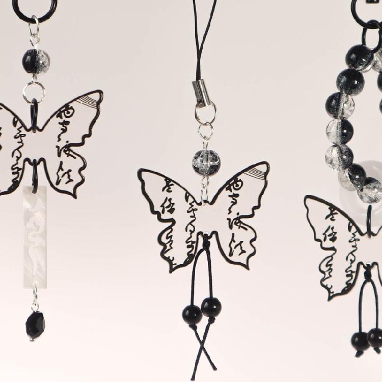 Black Butterfly Bead Pendant Phone Charm Straps Y2K Lanyard Purse Accessories