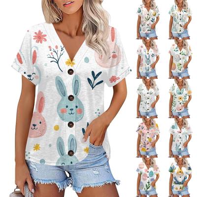 Women's Fashion Short Sleeve V-neck Easter Print Top Casual Button Up T-shirt