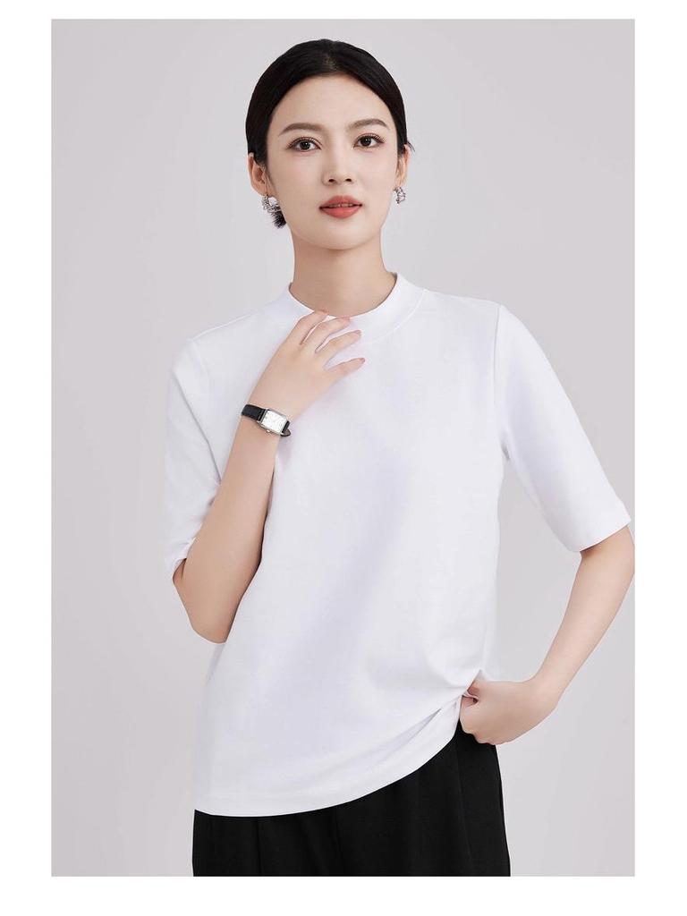 High-End Women's Ribbed Crew Neck Mid-Sleeve T-Shirt