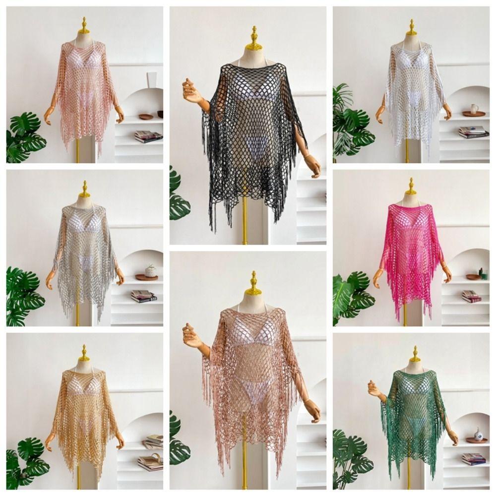 Tassel Sunscreen Cover-up Loose Fit Knit Hollow Out Top Fashion Fishnet Swimsuit Cover Up  Vacation