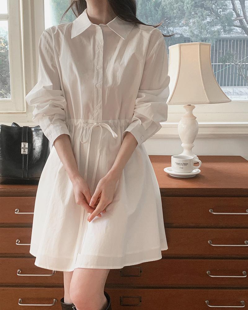 2026 Spring/Autumn Korean Chic Elegant Drawstring Waist Slimming Shirt Dress One Size