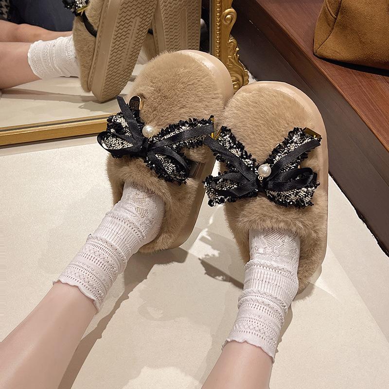 2025 winter new denim bow plush bag head slippers women's home fashion outer wear non-slip cotton mop