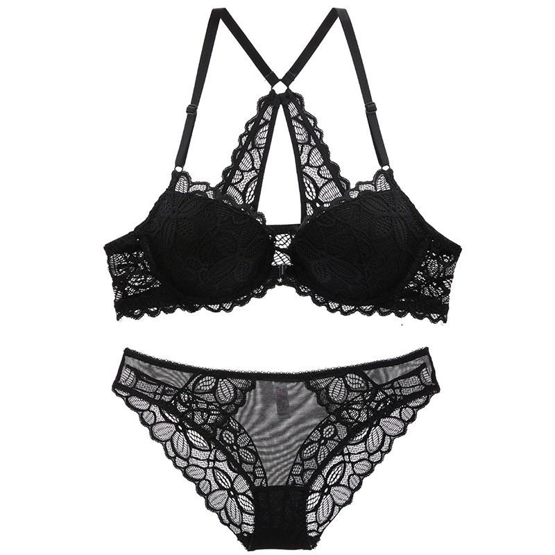 Lace Front Bra Set Small Bust With Push-Up Support Backless Design 3/4 Cup Adjustable Straps