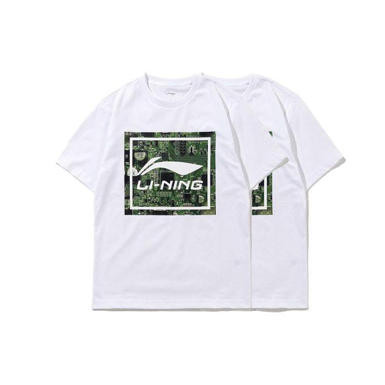 Li Ning Sports Lifestyle Series Logo Square Pattern Printed Round Neck Loose Short Sleeve T-Shirt Men T-Shirt Standard-White AHSS517-3