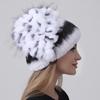 Women's Winter Rabbit Fur Hat 100% Rex Fur Beanie with Floral Patchwork, Warm Knitted Fluffy Trapper Cap