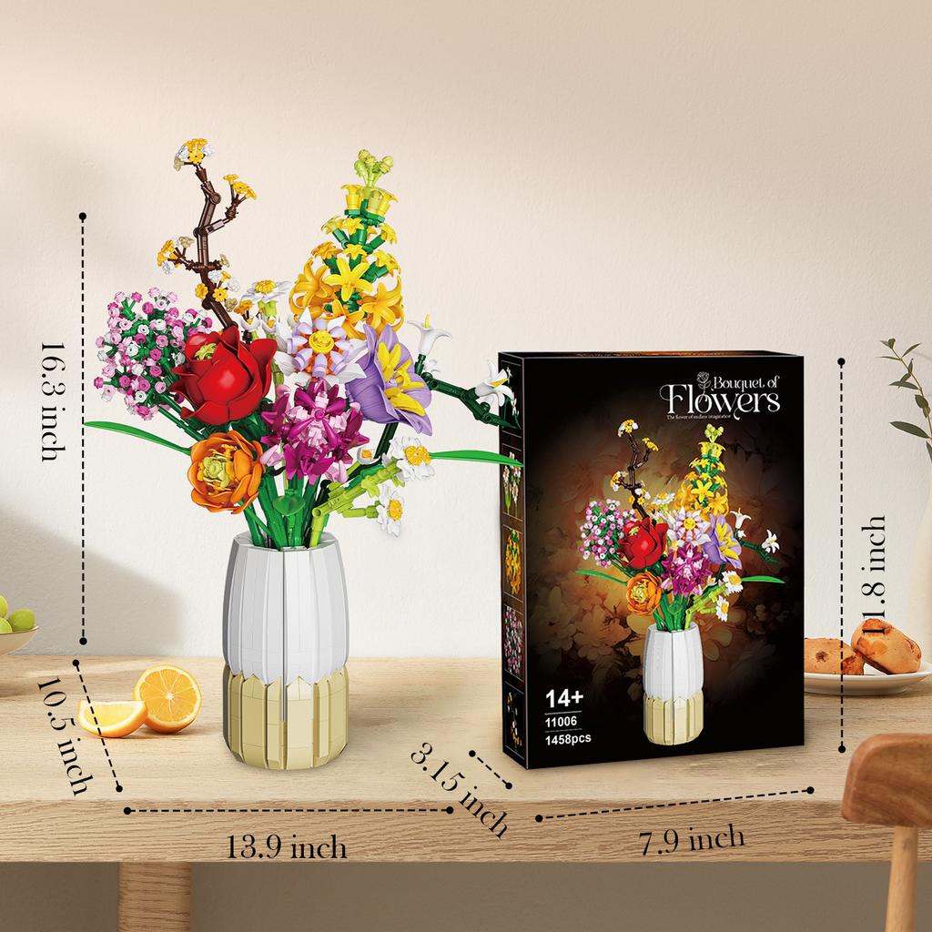 1458PCS Flower Bouquet Building Blocks Rose Daisy Hyacinth Model Desktop Decoration Educational DIY Romantic Gift For Kids Adult