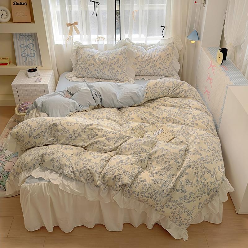 Ins Korean Style Floral Bedding Set 2024 New Washed Cotton 4pcs Bed Sheet Set Duvet Cover Set For Girls Bedding Decor Home