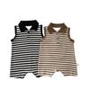 Unisex Infant Striped Sleeveless Romper with Lapel and Snap Crotch