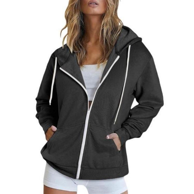Women Loose Sport Hoodie Autumn Spring Coat with Hood Drawstring Long Sleeves Pockets Zip Up Elastic Cuff Hem