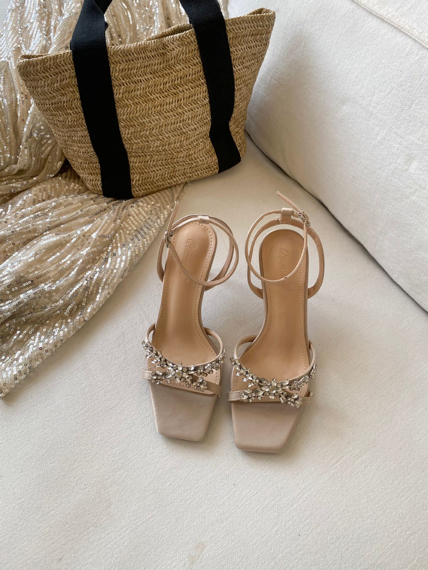 Women s Square Toe Thin Heel Bowknot Rhinestone Summer Sandals - Perfect for Daily Wear 34