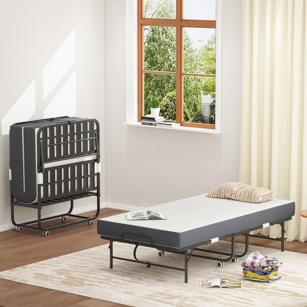 190 × 96 cm Klapp-Einzelbett mit 9,5 cm Memory-Schaumstoffmatratze, Tragbares Gästebett/Klappbett, Stabiler Metallrahmen