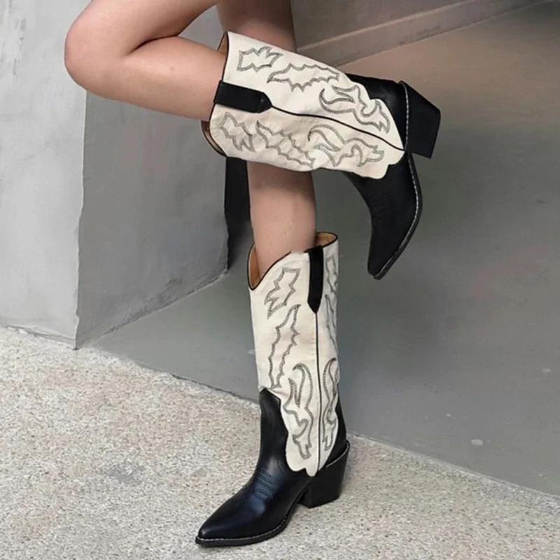 Fashion Designer Autumn Gladiator Woman Knee High Boots Fashion Embroidery Thick High Heel Shoes Ladies Outdoor Long Booties