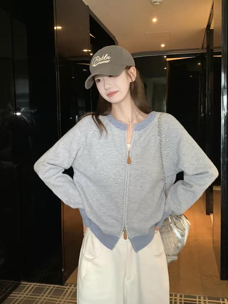 Korean Contrast Color Wool Knit Cardigan - Women's Loose Fit Long Sleeve Zipper Sweater