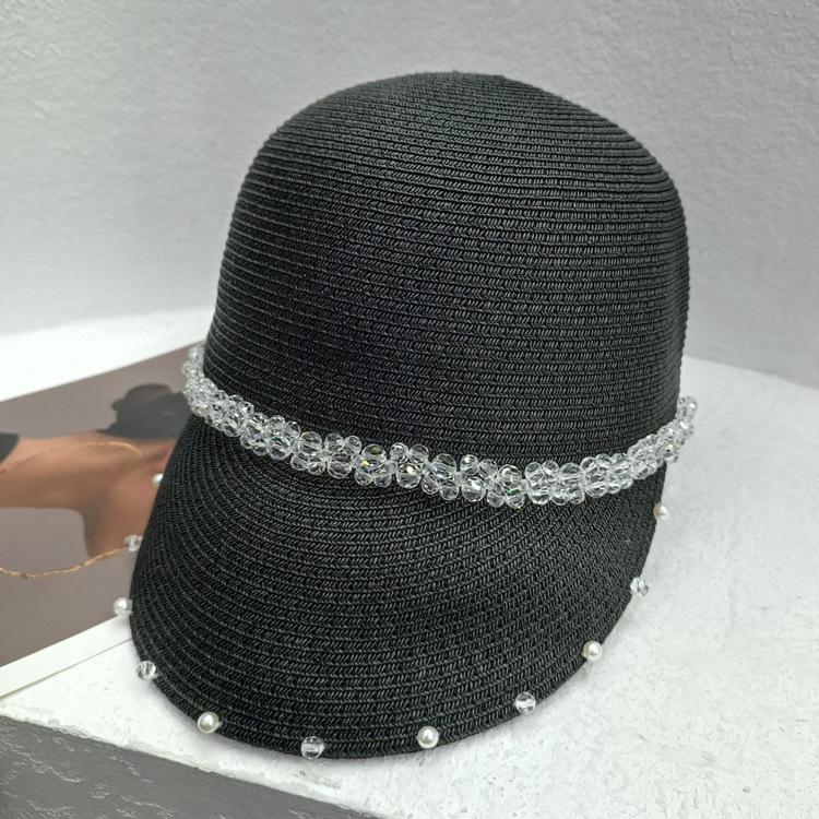 Pălărie ecvestră cu limbă de rață țesătă din paie cu perle de cristal Pălărie de paie de cavaler versatilă coreeană pentru femeie de vară Pălărie de soare la modă ocazională