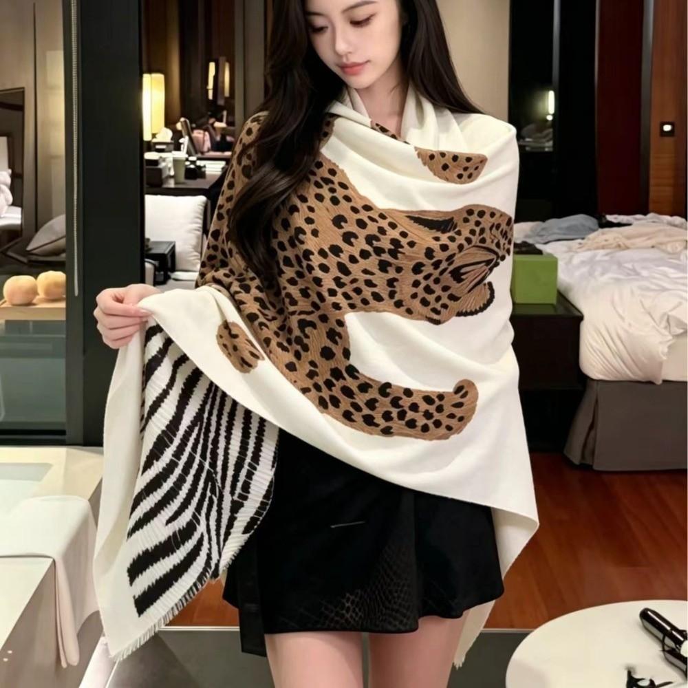 Fringed Edge Silk Scarf Leopard Print Fringed Shawl New Leopard Print Scarf  Head Styling