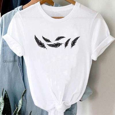 (Asian Size) Women Print Feather Lovely Style Trend Lady Tee Top Clothing Casual Short Sleeve Fashion Tshirt Female Graphic T-shirt