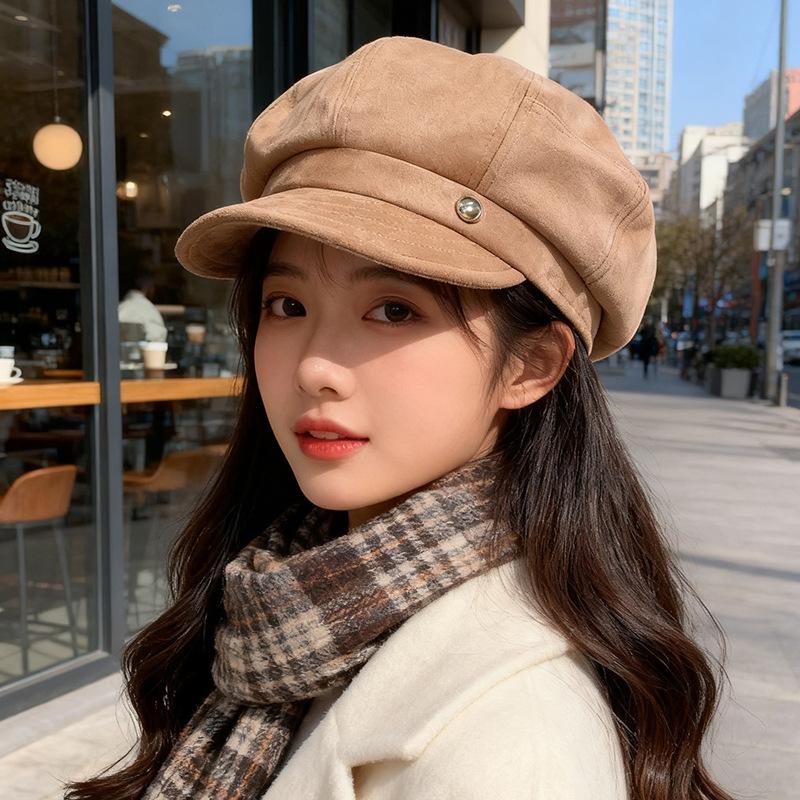 Fashionable Suede Octagonal Hat for Women Autumn and Winter Beret Small Face  Warm  Progressive Hat  Trendy