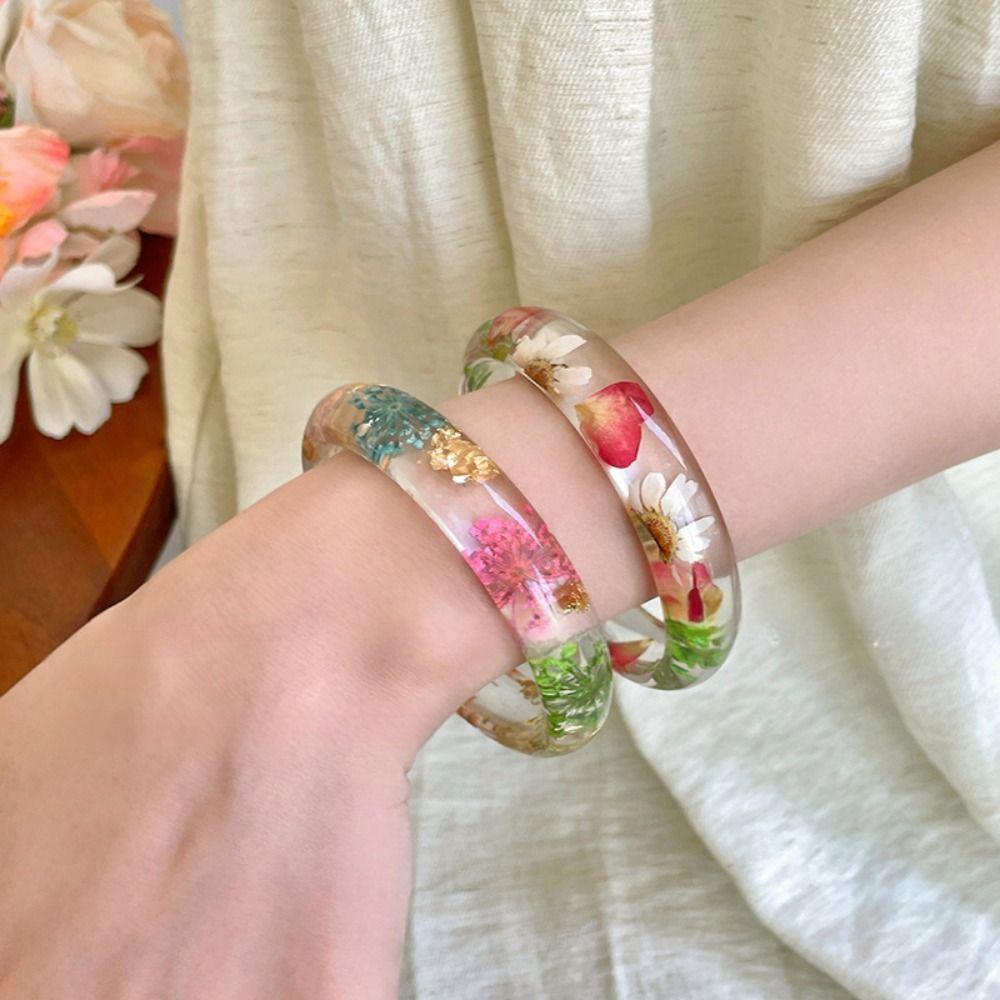 Resin Acrylic Bangle Wide Big Cuff Bangle Temperament Natural Dried Flower Bracelet  Decoration