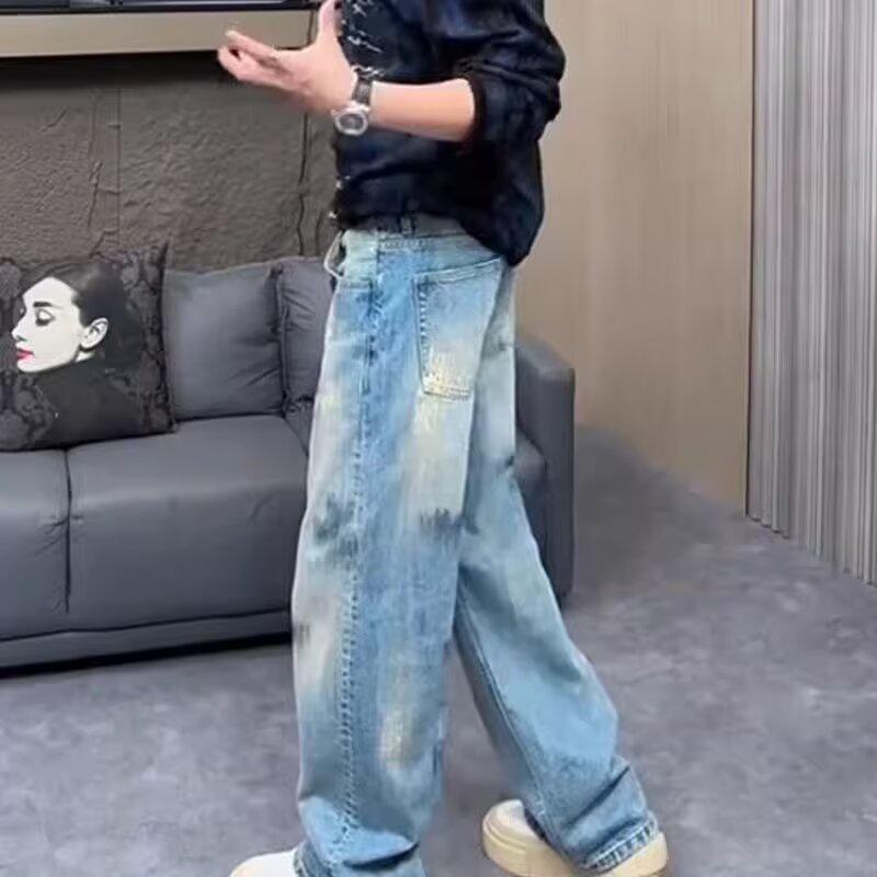Autumn American retro washed cat whisker jeans men's and women's straight versatile neutral style wide-leg pants