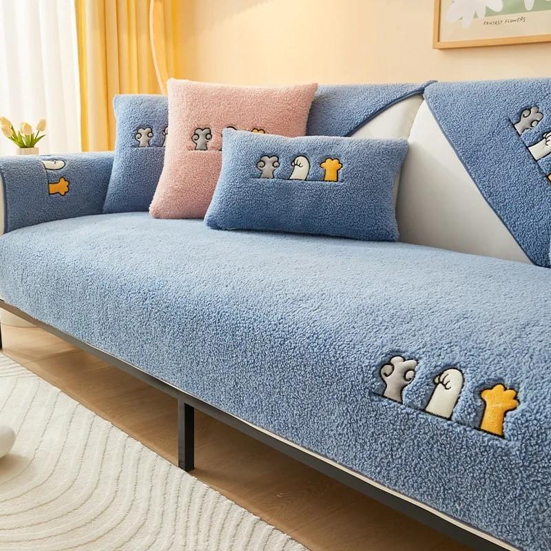 Winter Warm Lambs Velvet Sofa Towel Nordic Thick Plush Non-slip Sofa Cover for Living Room Sectional L-shaped Couch Covers