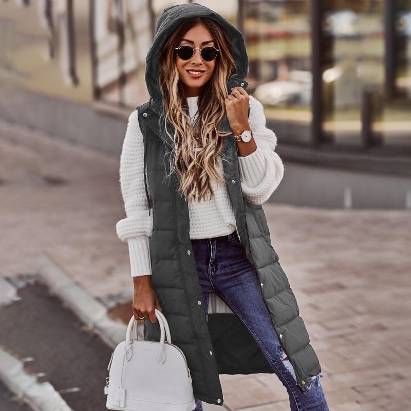 New European & American Fashion: Women's Solid Color Hooded Slim-Fit Sleeveless Mid-Length Cotton Vest