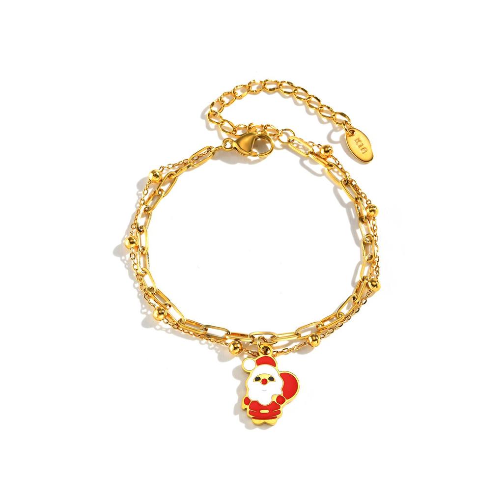 Cartoon Santa Claus Stainless Steel Double Layer Bracelet for Women, 18K Gold Plated Christmas Bracelet, Trendy Jewelry Gift