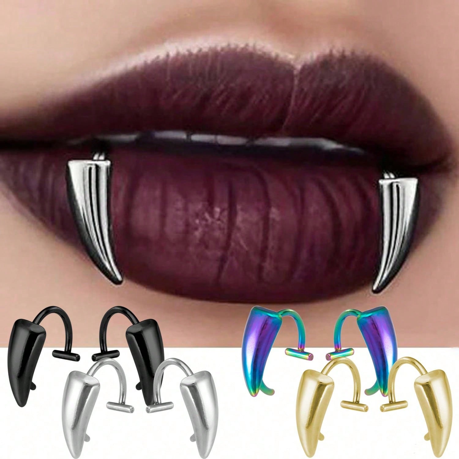 2pcs Exaggerated Gothic Style Stainless Steel Fake Lip Piercing Stud Ring With Sharp Teeth Design Body Jewelry серебряный