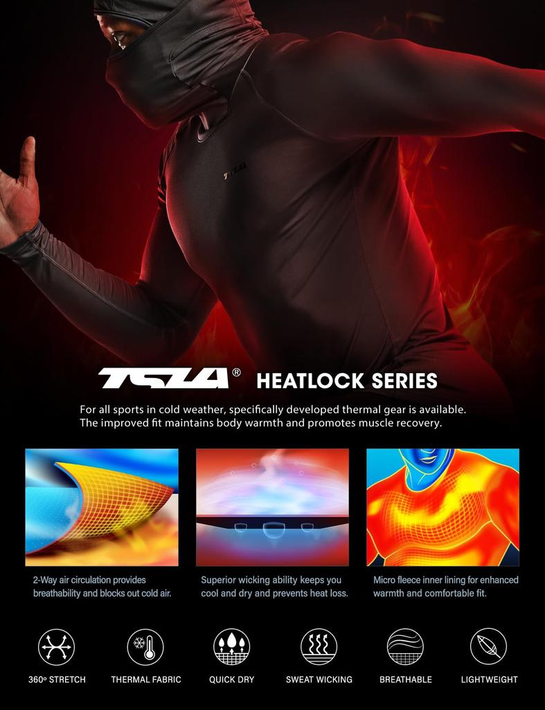 Tesla Sports and Long Sleeve Hoodie with Mask and Face Compression Cold Inner Running Sports Thermal Men's Undershirt, Fleece-Lined, Moisture-Wicking,