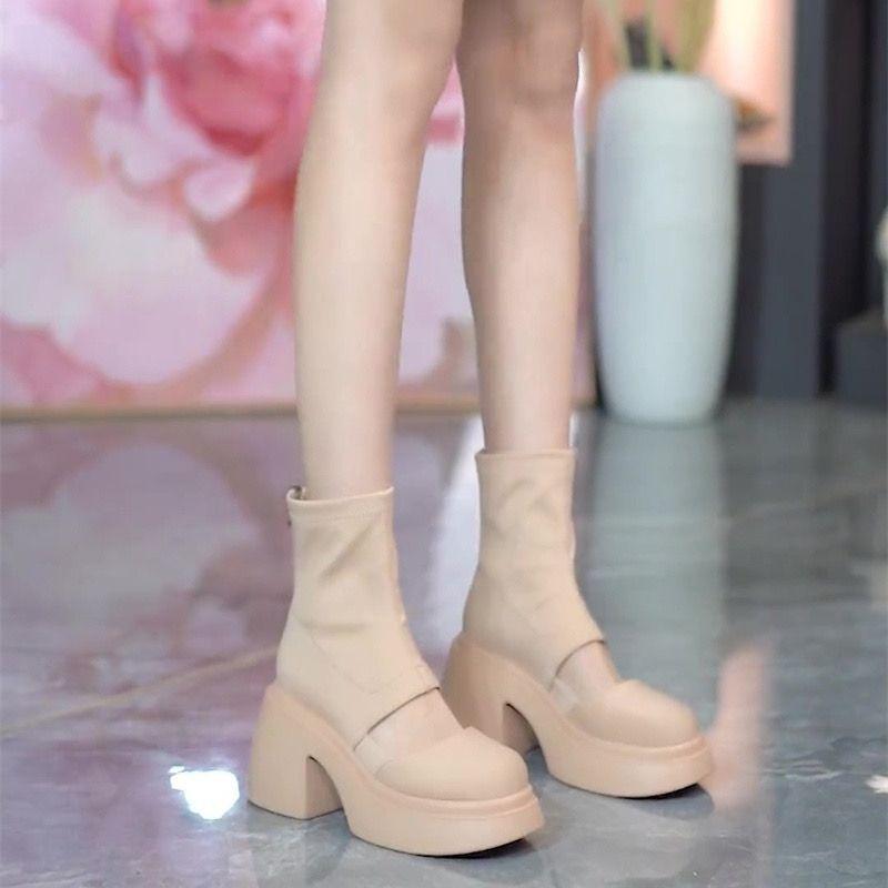 

Thin elastic thin boots round head thick heel thick sole waterproof table spring short boots hollow Martin boots women 40 standard code store priority delivery абрикосовый