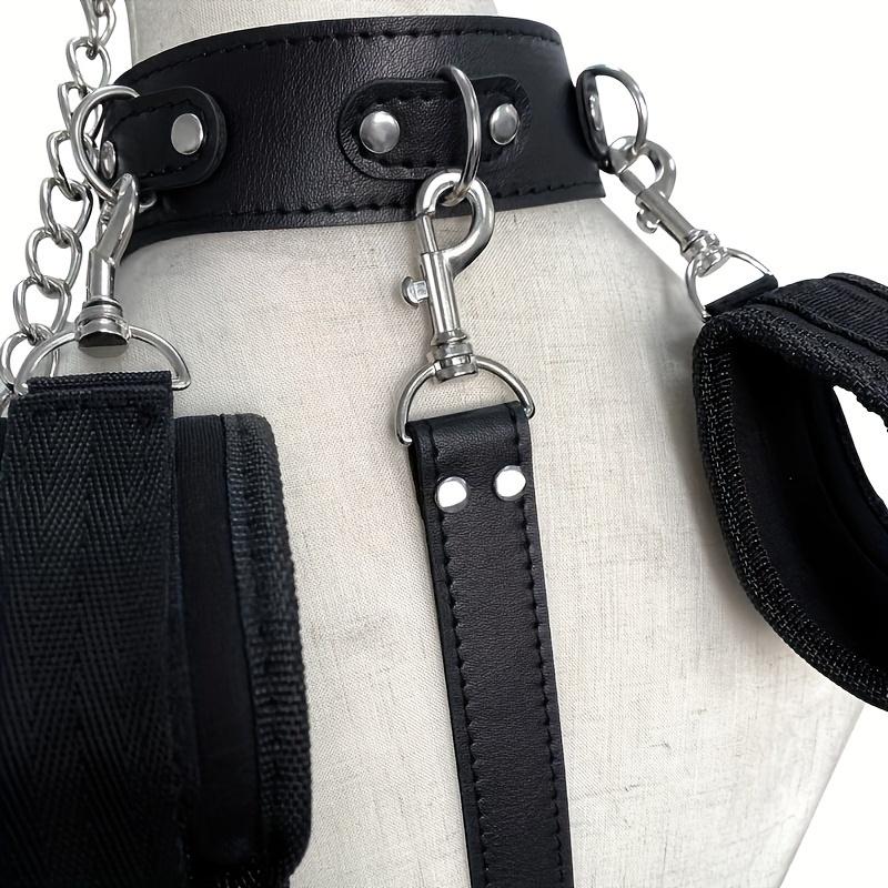 SM Sex Toy Hand Sex Toy with Traction Chain Black Faux Leather Body Restraint Tool Handcuffs and Collar Anal Metal Hook Prop