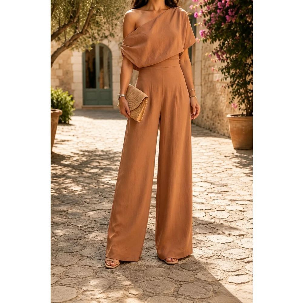 Women's One Shoulder Short Sleeve Slim Fit Casual Linen Wide Leg Jumpsuit for Summer