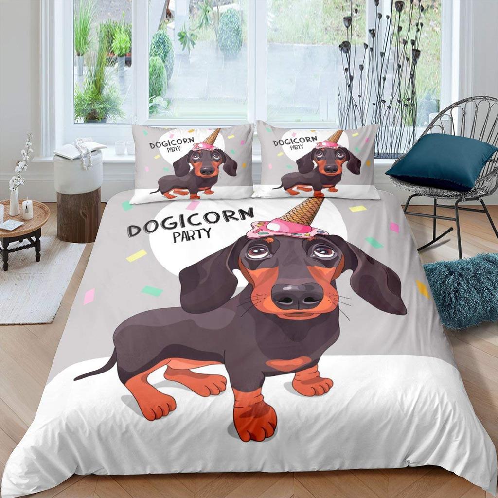 Sausage Dog King Queen Duvet Cover Floral Dachshund Bedding Set Cartoon Puppy Animal Comforter Cover Pet Polyester Quilt Cover