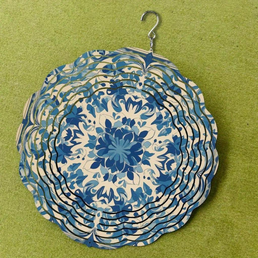 10 Zoll Blau Weiß Floral Metall Windspiel mit 360 Schwenkhaken für Garten Balkon Terrasse Außendekor Frühling Sommer