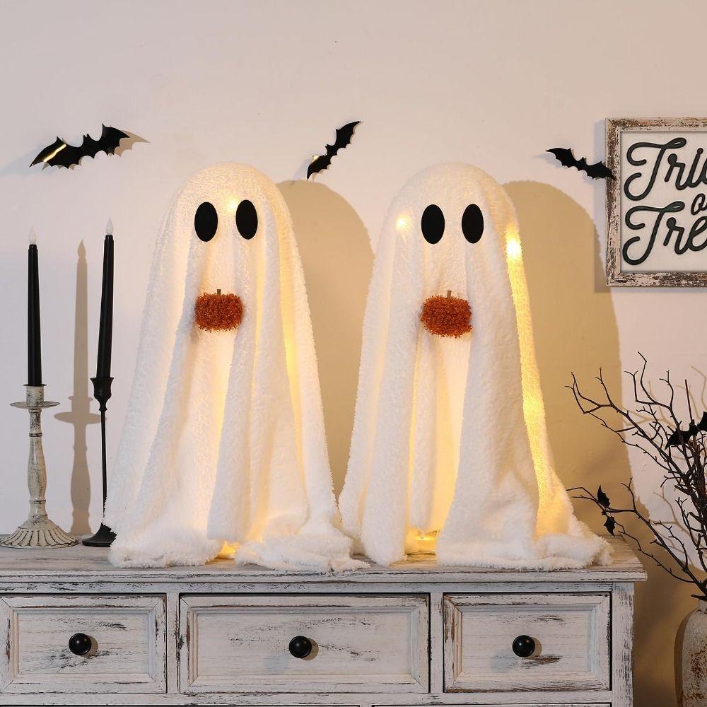 2 Pack with Pumpkin Light-Up Sherpa Ghosts Cute Ghost Tabletop Decor Halloween Decorations Party