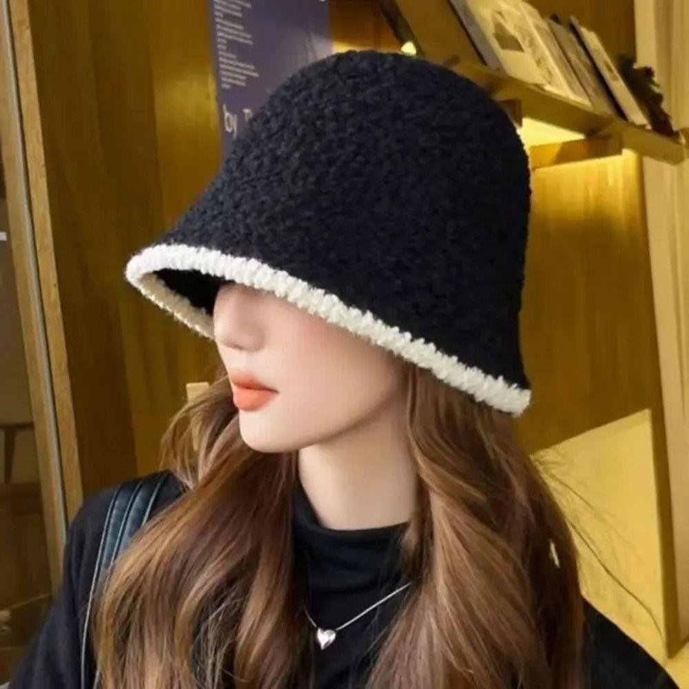 Polyester Fiber Knitted Bucket Hat Warm Yarn Bucket Cap Fashion Wool Basin Cap Daily
