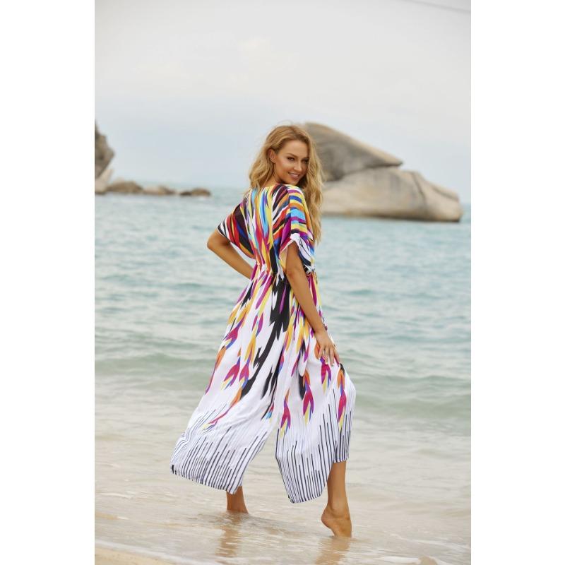 Damenmode Sommer Frühling Farbblockdruck 1/2 Ärmel V-Ausschnitt Lose Taille Freizeitkleider