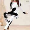 Women Plus Size Two Piece Set Round Neck Long Sleeve Black White Printed Longline Top Fitted Pants