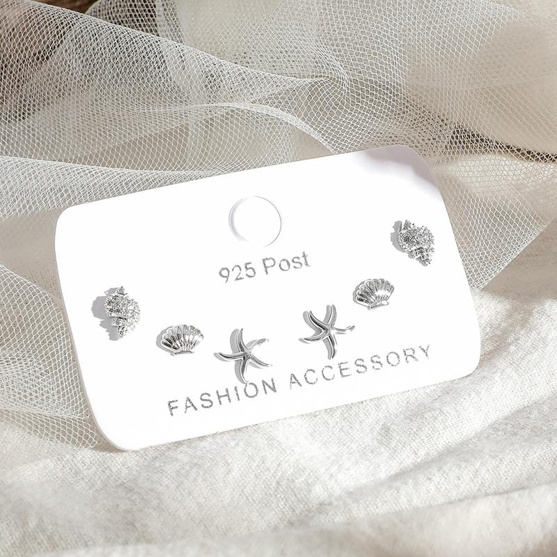 ANENJERY New Fashion Conch Starfish Shell Zircon Stud Earrings Set For Women Friend 6-piece Earrings Set Jewelry Gift S-E1209