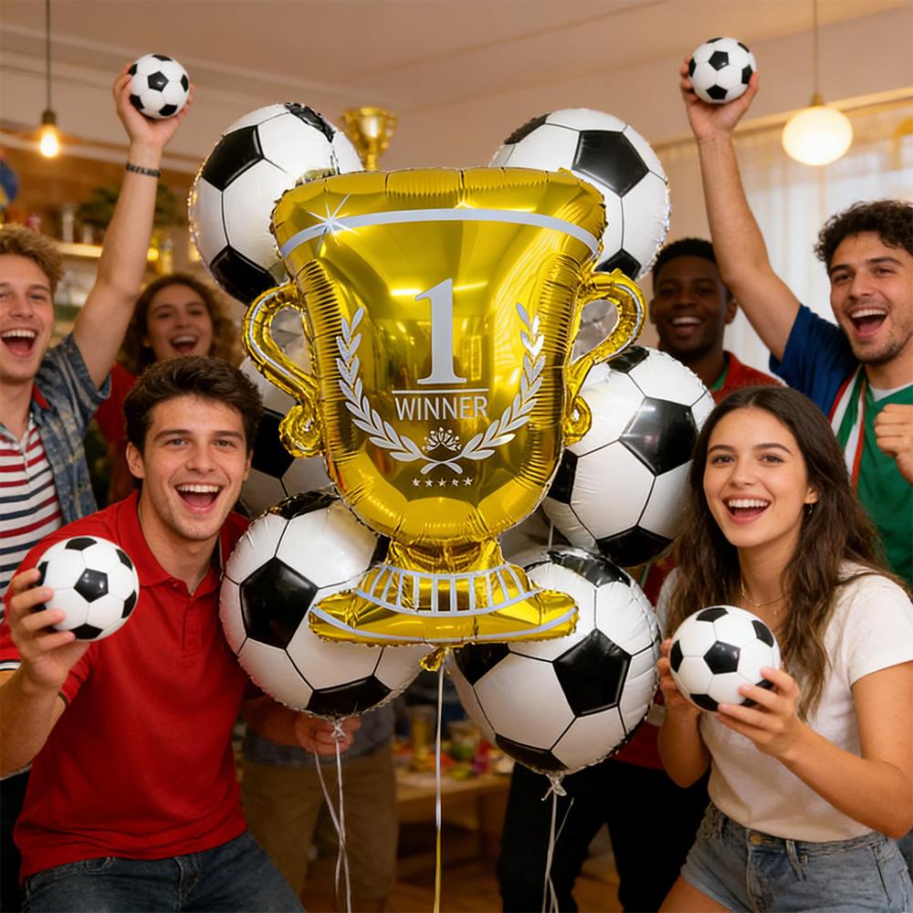 12Pcs Soccer Theme Foil Balloon Set, Golden Champion Trophy & 10Pcs 18-Inch Football Mylar Balloons, Aesthetic Sports Event Deco