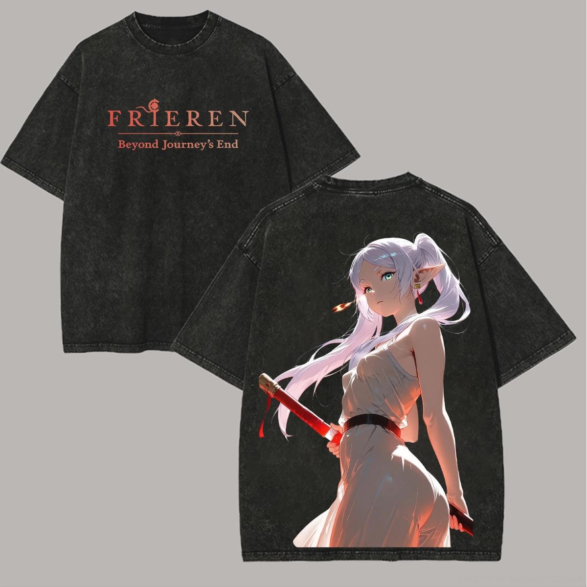 

Футболка с милым графическим принтом Frieren, мода Харадзюку, футболки с коротким рукавом, высококачественный хлопок, стираная футболка, мужская и женская одежда XXL чёрный