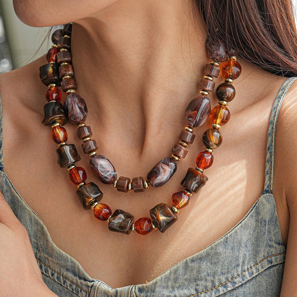 European and American Acrylic Beaded Irregular Geometric Round Sweater Chain Retro Ethnic Style Niche Necklace