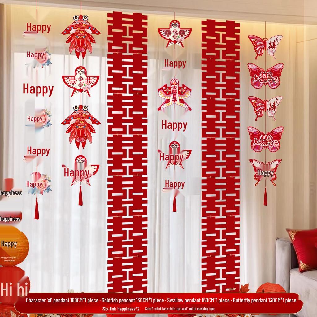 2025 Double Happiness Wedding Room Hanging Decor Set: Wall Decorations & Bride Living Room Flower Pulls